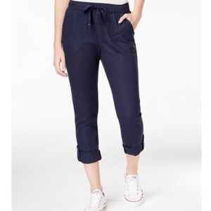 Roxy Blue Flax Linen Viscose Roll Tab Convertible Drawstring Pants